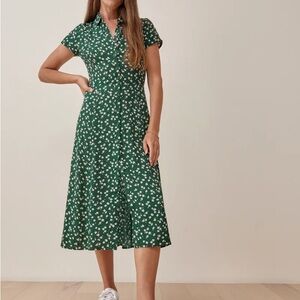 nwt Reformation Green Floral Button-Down Midi Dress